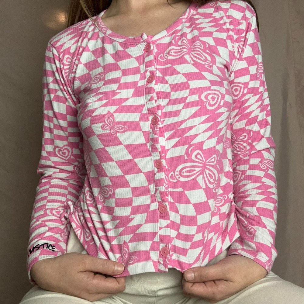 Vintage y2k justice butterfly checkered button up cardigan/top